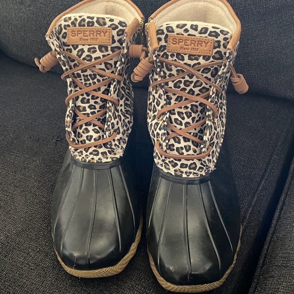 Sperry Leopard Print Duck Boots in Black and Tan